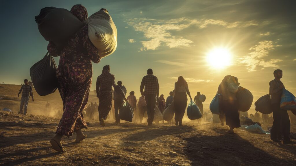 sunset exodus refugees journey, heavy bags, dusty path, hopeful future