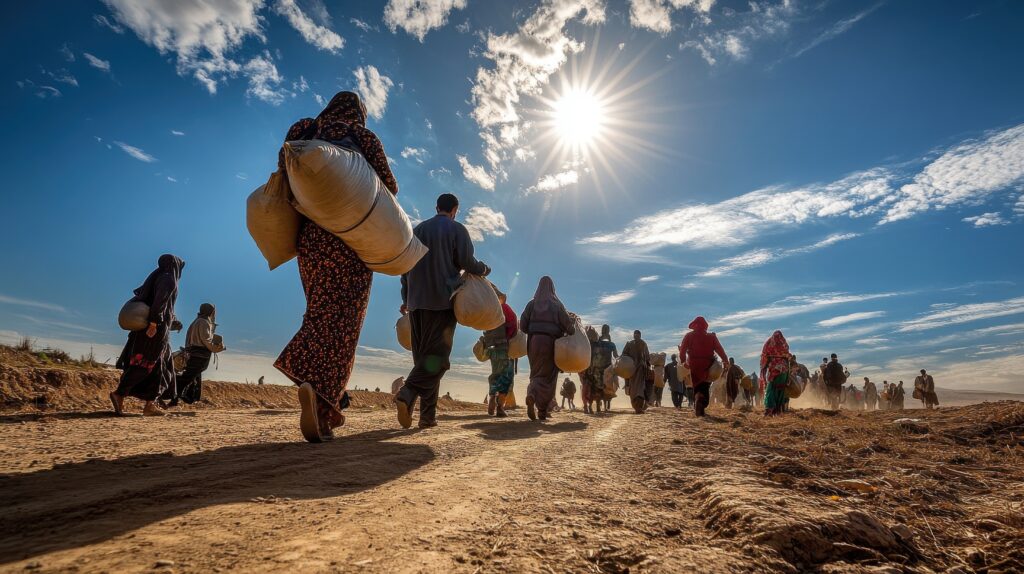 migrant caravan journey sunlit desert path, burdened people