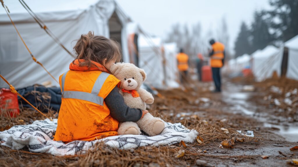 sad refugee child wearing an orange safety vest hugging a teddy bear in a refugee camp sad refugee child wearing an orange safety vest hugging a teddy bear in a refugee camp